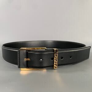 VERSACE Size 36 Black Gold Greca Goddess Leather Belt